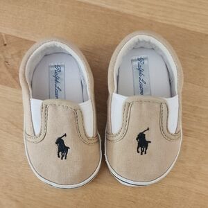 Ralph Lauren Beige Canvas Slip-On Kids Sneakers with Black Pony